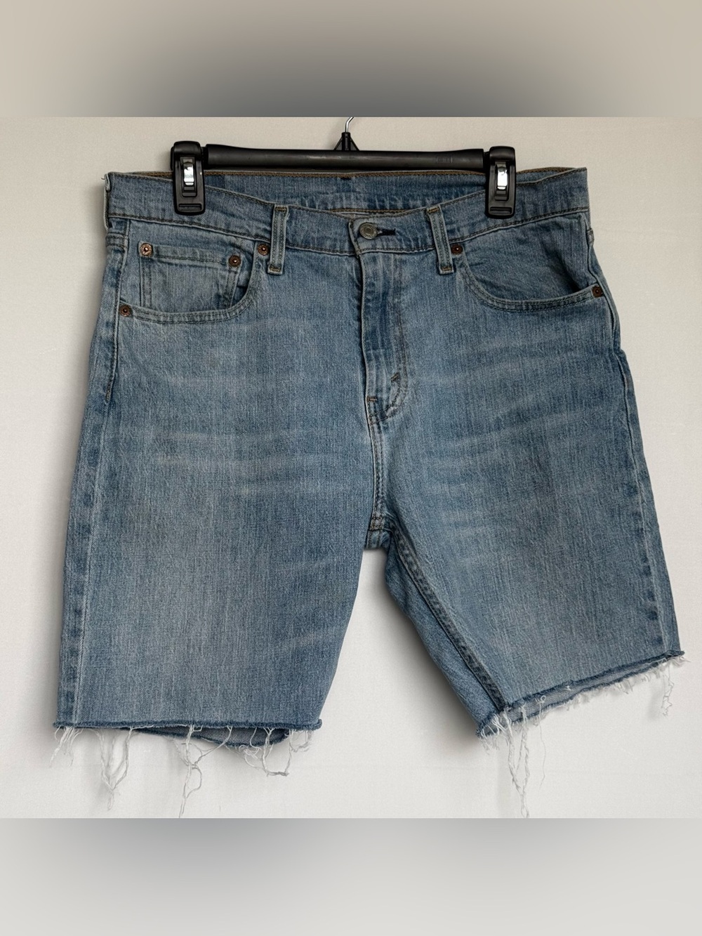 Men's Levi 527 Light Blue Denim Cut-Off Shorts Faded Distressed 18” Long